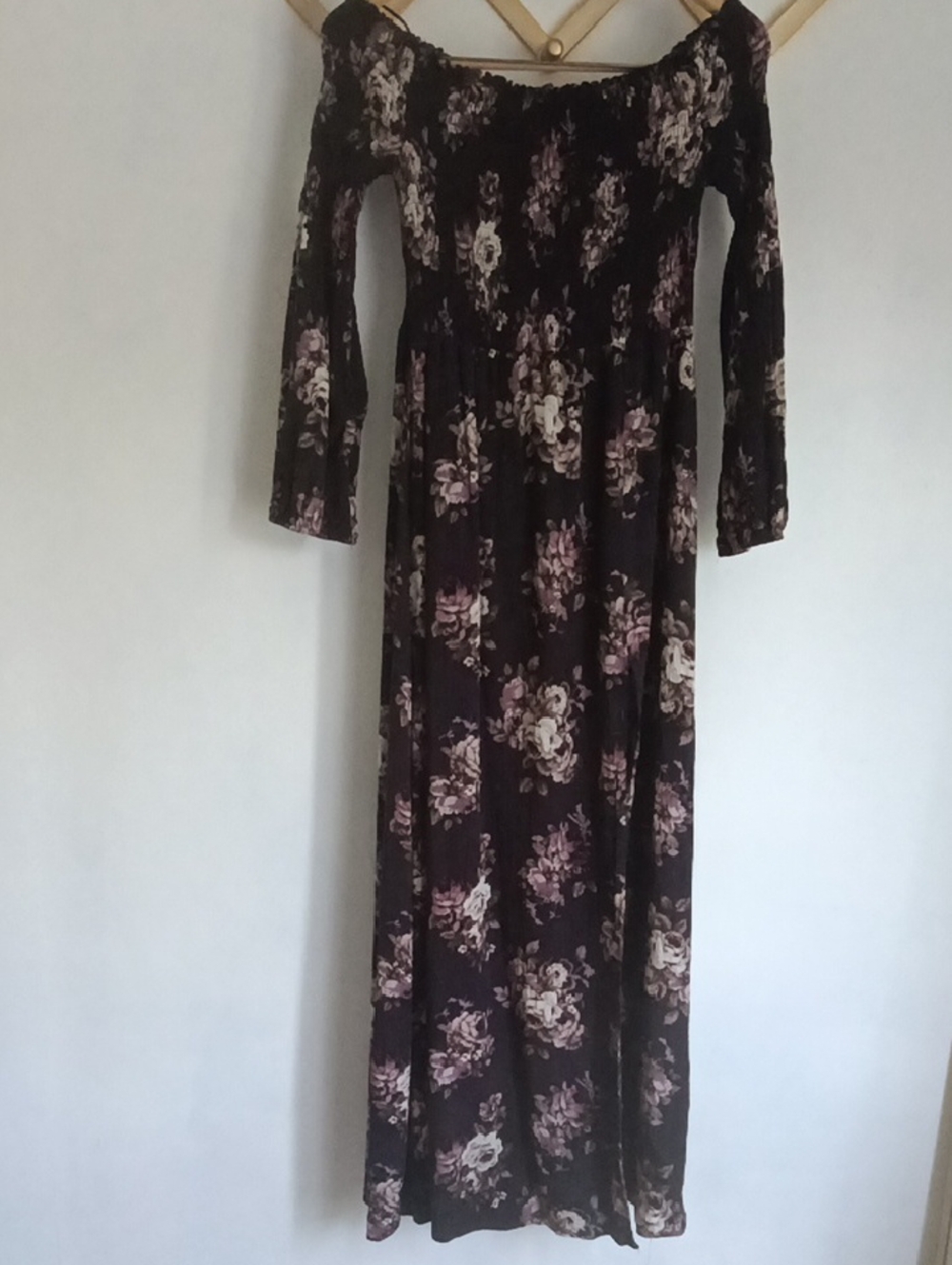 Off-Shoulder Floral Maxi Dress in Plum